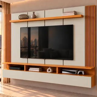 Painel Para TV de Até 65" DJ Soul 183 cm Com Ripado e Nichos Para Sala Bali/Cedro