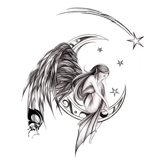 Tatuagem Meia Lua Anjo E Estrelas Universo