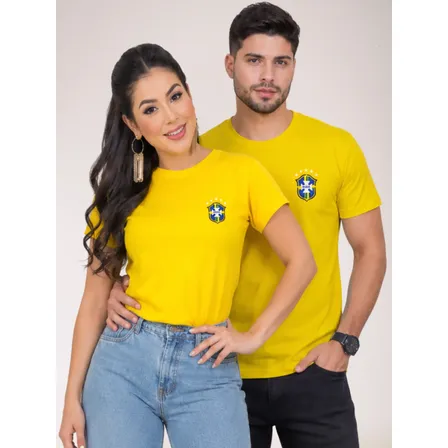 Kit 2 Camisetas Algodão Estampa Brasil Casal Casual Básica Amarelo Brasil G-fem/gg-masc