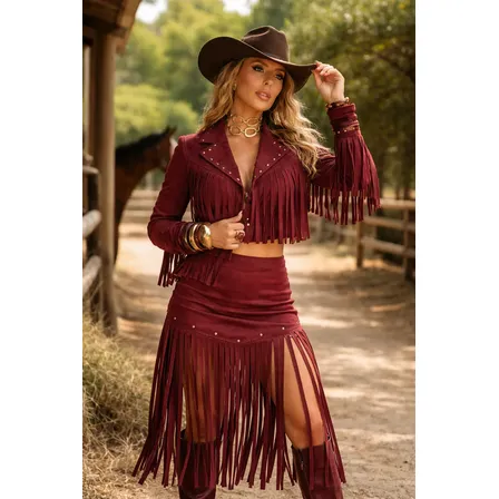 Casaco Boho Chic + Mini Saia Franjas Suede Moda Country Luxo Vermelho Liso M