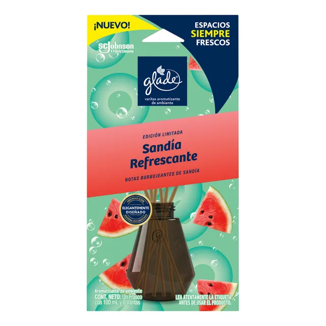 Aromatizante Glade Varitas Sandía Refrescante Frasco con 100 ml y 6 Varitas