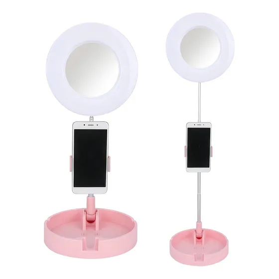 Espejo Con Aro Luz Led Selfie + Soporte Celular Maquillaje ® Marco Rosa