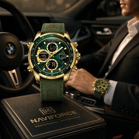 Relógio De Couro Impermeável Masculino Naviforce Digital Nf Verde-musgo Dourado