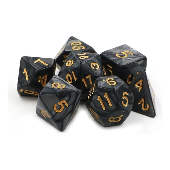 Conjunto 7 Dados Rpg D&d Preto Dourado Marmorizado + 1 Bolsa Cor Preto Perolado com Dourado