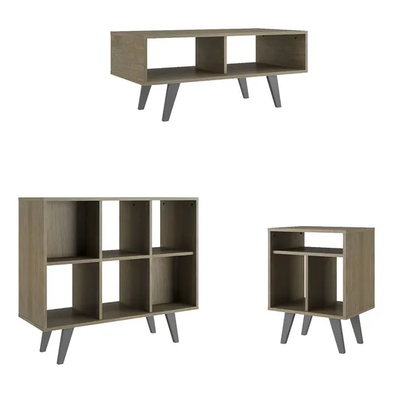 Muebles Web 2112 Juego De Living - Rack Para Tv + Mesa Ratona + Mesa Lateral Color Almendra