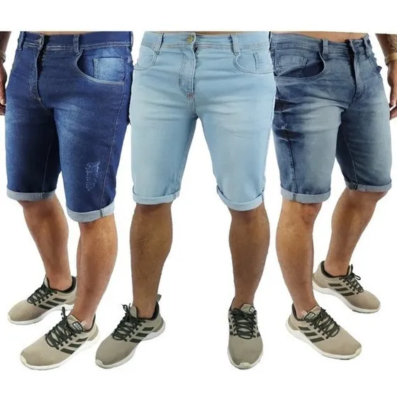Kit 3 Bermudas Jeans Masculina Lycra Atacado Slim Original 