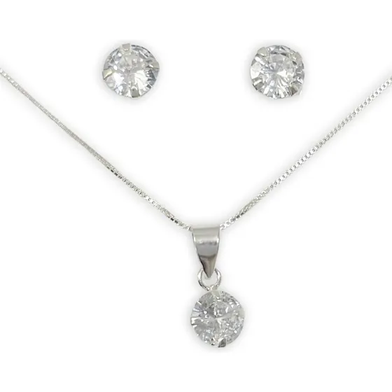 Conjunto Punto De Luz Aros Collar Circon Plata 925 + Caja