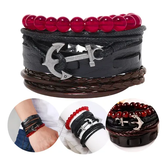 Pulsera Caballero Ancla Cuerda Cuero Cuentas 4 En 1 Full Largo 4