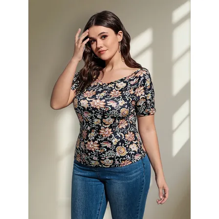 Camiseta Blusa Con Estampado Floral Manga Corta