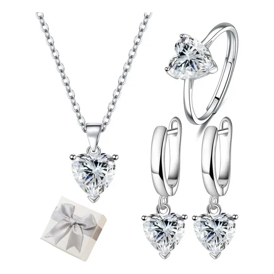 Juego De Collar Corazón Anillo Aretes Joyería Mujer Regalo