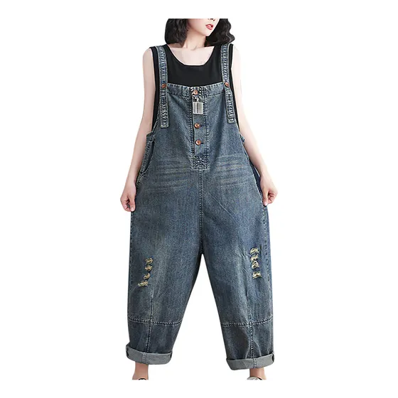 Mono De Mezclilla Holgado Con Botones, Pantalones Con Correa