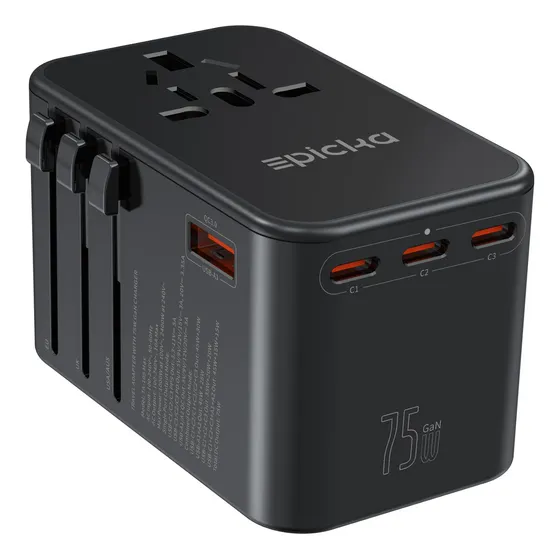 Adaptador de viaje universal Epicka negro, 75 W, 3 USB-C Pd y 2 USB-A, compatible con EE. UU., Reino Unido y Australia. Cargador de pared todo en uno.