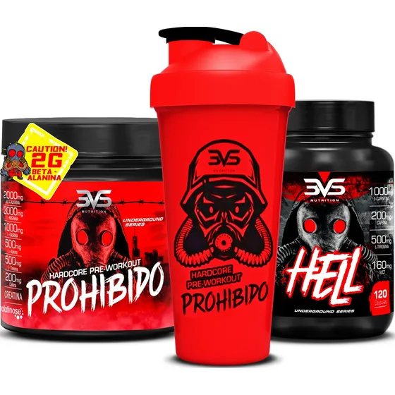 Combo Pré Treino Prohibido 180g Sabor: Morango mais Termogênico Hell mais Coqueteleira 3VS Nutrition