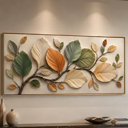 Quadro Decorativo Folhas Verde Bege E Marrom Moderno Luxo Quadro Decorativo Botânico Abstrato Minimalista Luxo Borda Infinita Acabamento Fino Elegante