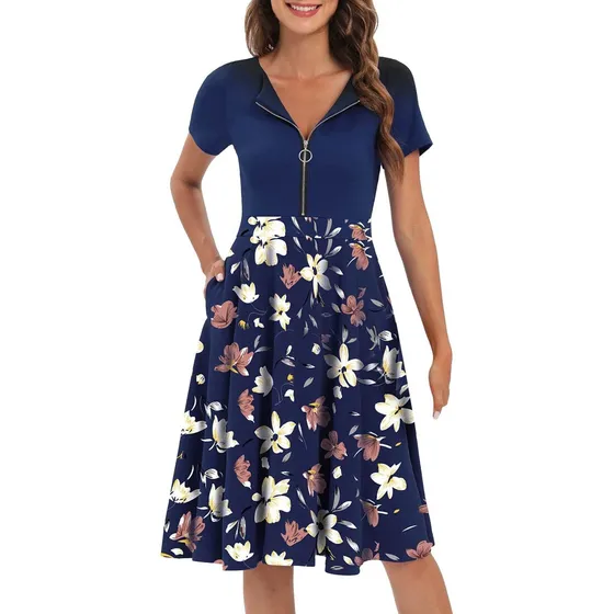 For Large Dama Casual Summer Vintage Flower Print Zipper