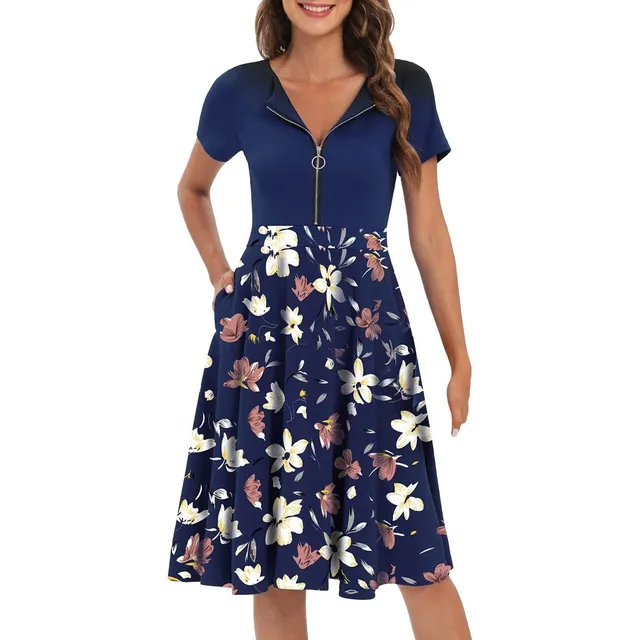For Large Dama Casual Summer Vintage Flower Print Zipper