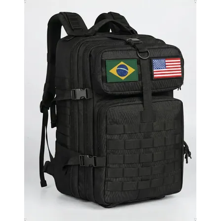 Mochila Tática Militar 50l Masculina Reforçada Oxford 900d Resistente A Àgua Com 2 Patch Brasil Eua Viagem Camping Trekking Pesca Bagerar Preta Preto Liso