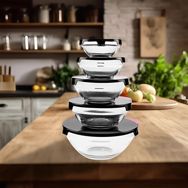 Jogo 5 Potes Vidro Herméticos Tampa Tigela Redondo Marmita Preto