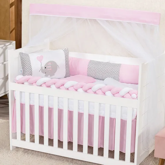 Kit Berço Menina Menino Protetor Trança Com Saia 6 Peças Cor Elefantinho Rosa