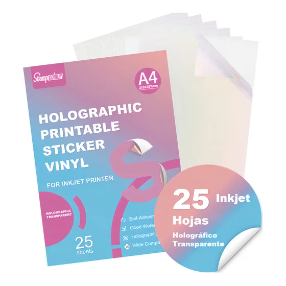 Vinil Adhesivo Para Impresión Inkjet A4 25 Hojas Holográfico Transparente Stampcolour