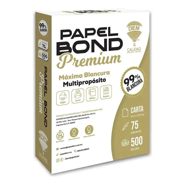 Hoja De Papel Diem Paquete 500 Pzs Tamaño Carta 21.6x27.9 Cm Color Blanco