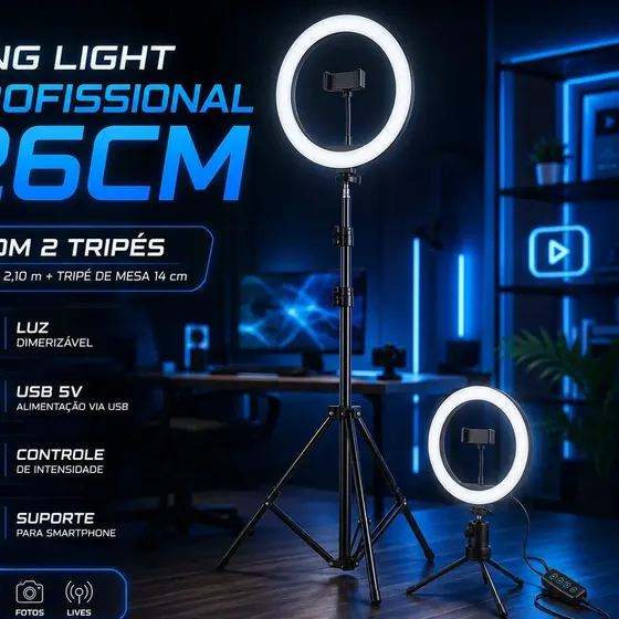 Ring Light Iluminador Led Profissional 26cm Tripé 2,10m Luz Branco Frio Quente Neutro