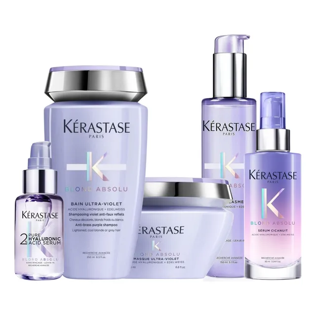 Kit Tratamiento Matizador Para Cabello Rubio Kerastase Blond Absolu Shampoo Bain Ultra Violet, Mascarilla, Termoprotector, Aceite y Suero