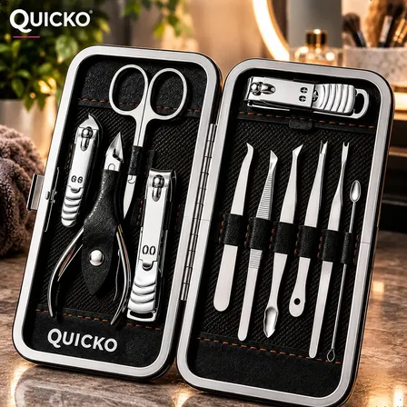 Kit Manicure Portátil Estojo Alicate Cortador De Unha 12 Pç - Desencravador De Unha Alicate Lixa Profissional Premium Tesoura Empurrador De Cutículas Marca Quicko