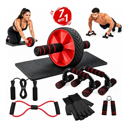 Kit Roda Abdominal Barra Flexão Corda Pular Exercício 7 Pçs Vermelho