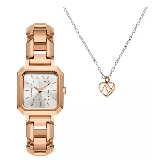 Set Collar Y Reloj Ax7167 Color Oro Rosa Armani Exchange Fondo Plateado