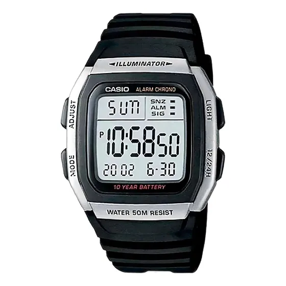 Relógio Preto Da Casio Unissex Digital W-96h-1avdf Bisel Prata Fundo LED