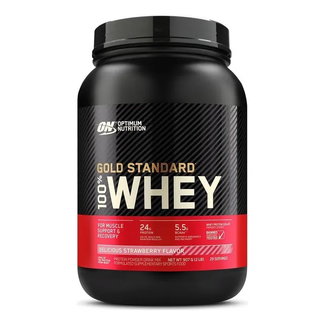 Suplemento en polvo Gold Standard Gold Standard de Optimum Nutrition, 100% proteína Whey Gold Standard, 100% suero, sabor a fresa y vainilla, en tarro