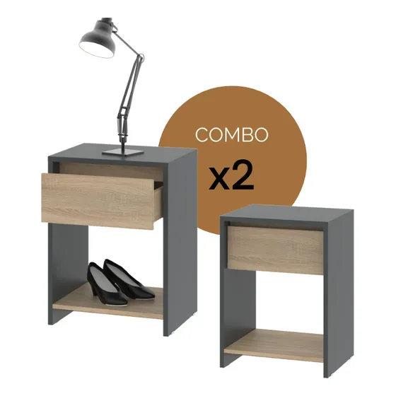 Mesa De Luz Combo Set X2 Dos Mesitas De Luz Noche Con 1 Cajón Estante Inferior 60cm X 45cm X 35cm Melamina Grigio Bardolino Moderna Linea Niza Dielfe Mln060