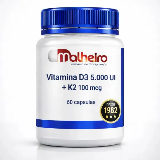 Vitamina D3 5000 UI + K2 Mk7 100mcg Malheiro 60 Cápsulas Sem Sabor