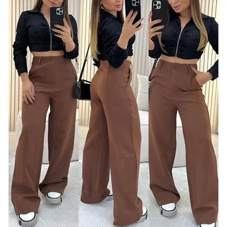 Calça Alfaiataria Feminina Wid Leg Pantalona Social Cós Alto