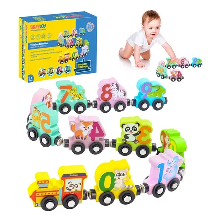Brastoy brinquedos Montessori Construção Conjunto de trem magnético de madeira com animais 11 peças