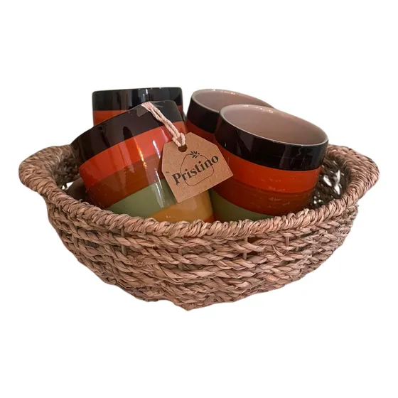 Set 4 Tacitas Cerámica Para Café Y Canasto Yute Natural