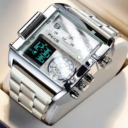 Relógio Masculino Feice FK030Silver Digital e Analógico Prateado de Aço Inoxidável com Cronógrafo