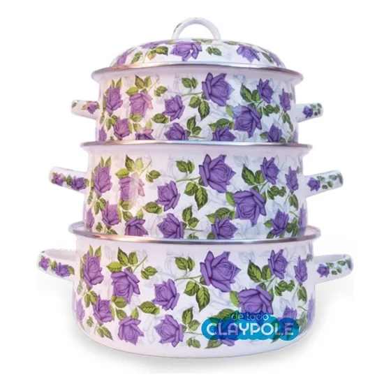 Set X3 Cacerola Enlozadas Flores Púrpura (nº 20-22-24) Color Blanco Con Violeta