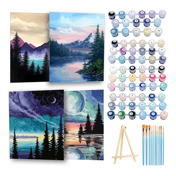 Paquete De 4 Pinturas Por Números Con Lienzos Y Pinceles