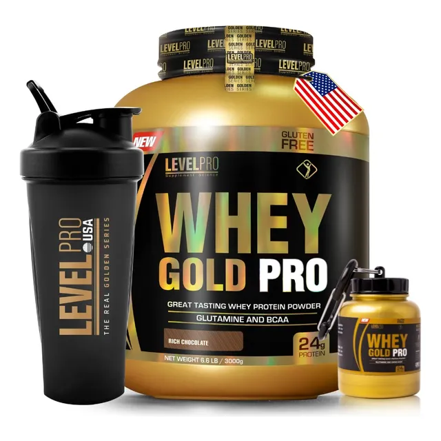Whey Gold 3kg + Shaker Level Pro + Porta Proteína Level Pro