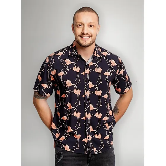 Camisa Flamingos Estampada Viscose Camiseta Preta Flamingo 