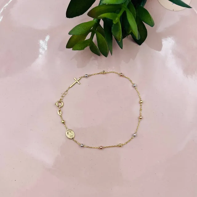 Pulsera Tipo Rosario Bolas Tres Colores 2mm En Oro 18k