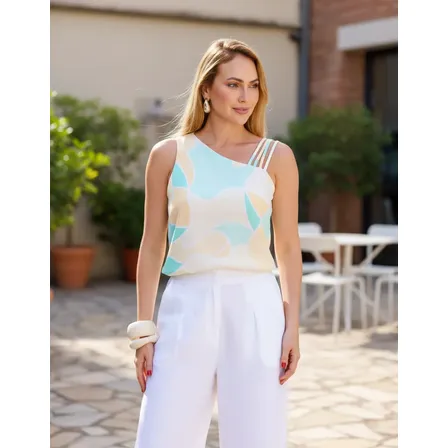 Blusa Estampada Feminina Viscolinho Com Detalhe Na Alça