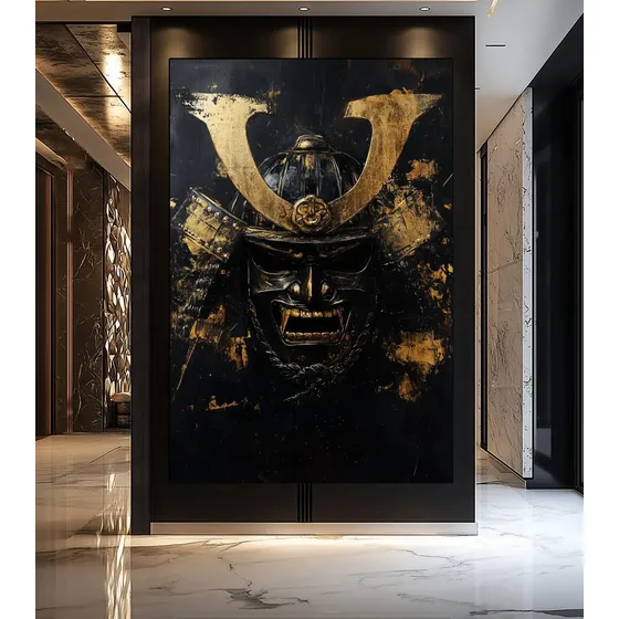 Cuadro Mascara Samurai Negro Y Dorado Canvas 140x80cm Negro