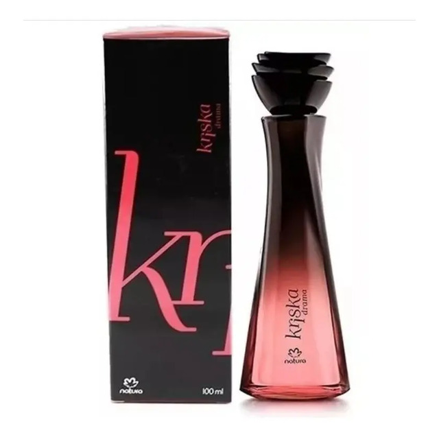 Frasco do perfume Kriska Drama da Natura ao lado de sua caixa preta e rosa de 100ml