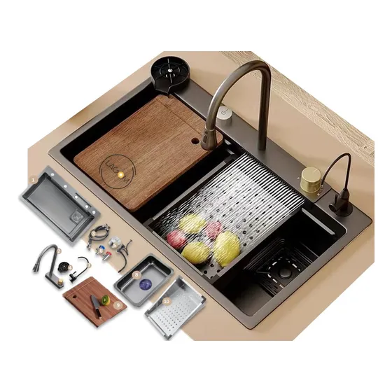 Fregadero Cocina Grifo Purificador Nano Revestimiento75x45cm Color Gris