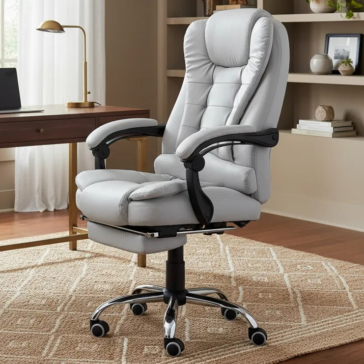 Cadeira De Escritório Presidente Ergonômica Python Fly Couro Sintético Encosto Ajustável Com Trava E Apoio Para Pés Cor Cinza