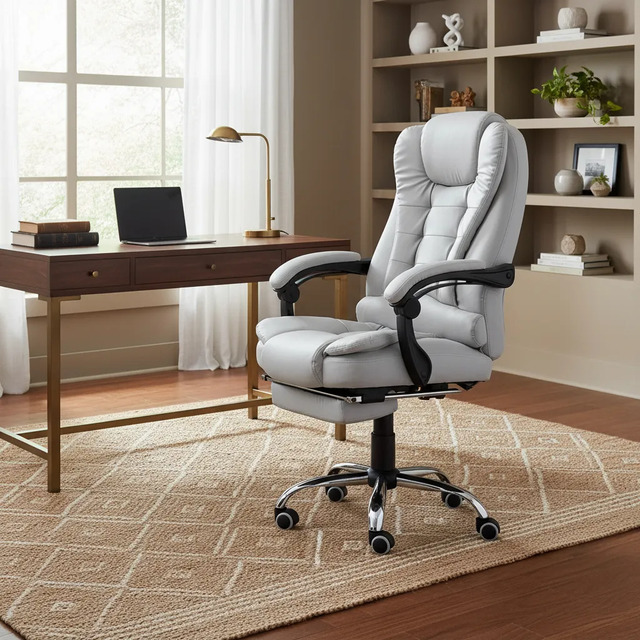 Cadeira De Escritório Presidente Giratória Reclinável Cinza Couro Sintético