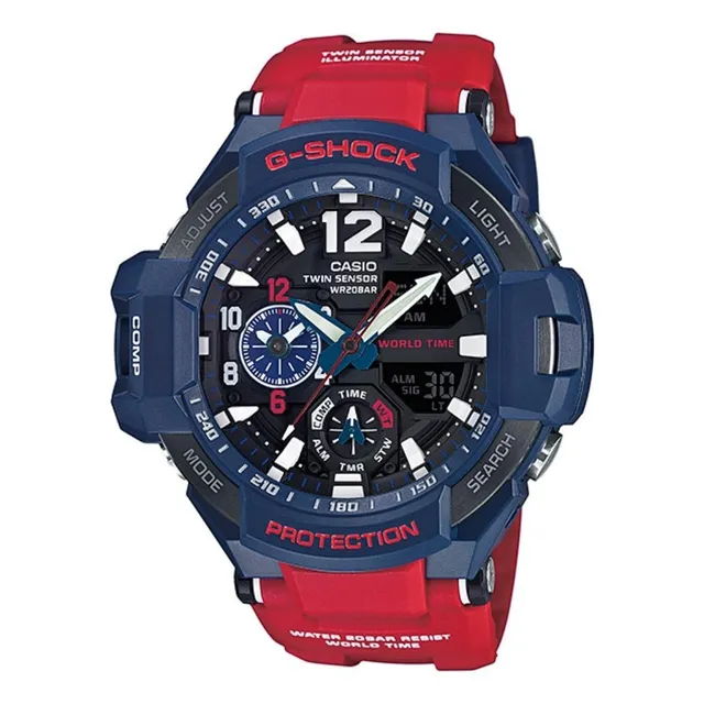 Reloj pulsera Casio Gravitymaster GA-1100 de cuerpo color azul, analógico-digital, para hombre, fondo negro, con correa de resina color rojo, agujas color blanco, gris y azul y rojo, dial blanco, sube